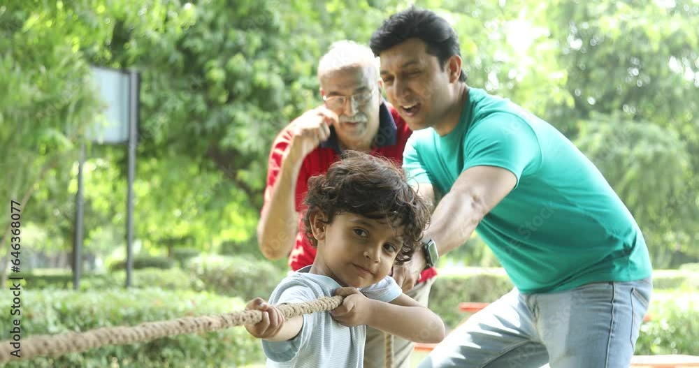 Stock video of three male generation of family playing tug of war in park and having fun.
Stock video of three male generation of family playing tug of war in park and having fun.