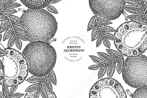 Hand drawn sketch style jackfruit banner. Organic fresh fruit vector illustration. Retro breadfruit design template