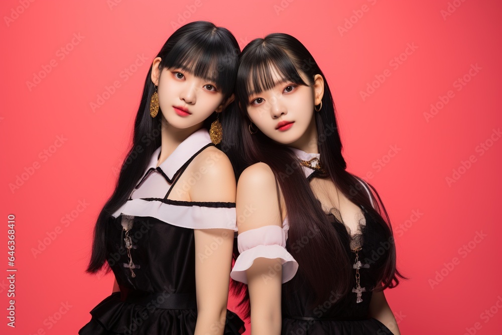 Portrait of two beautiful asian women in black dress on red background.Generative Ai Portrait of two beautiful asian women in black dress on red background.Generative Ai