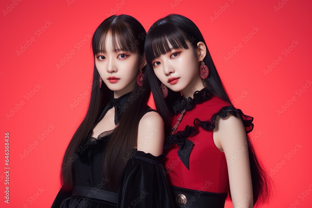 Portrait of two beautiful asian women in black dress on red background.Generative Ai Portrait of two beautiful asian women in black dress on red background.Generative Ai