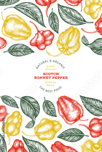 Hand drawn sketch style scotch bonnet pepper banner. Organic fresh vegetable vector illustration. Retro cayenne pepper design template