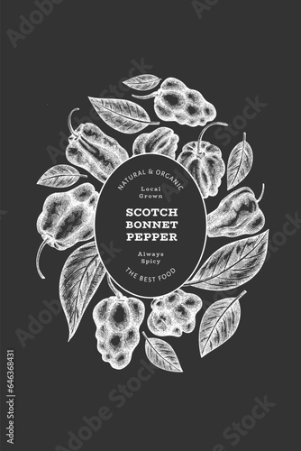 Hand drawn sketch style scotch bonnet pepper banner. Organic fresh vegetable vector illustration on chalk board. Retro cayenne pepper design template