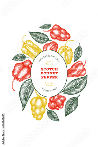 Hand drawn sketch style scotch bonnet pepper banner. Organic fresh vegetable vector illustration. Retro cayenne pepper design template