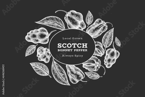 Hand drawn sketch style scotch bonnet pepper banner. Organic fresh vegetable vector illustration on chalk board. Retro cayenne pepper design template