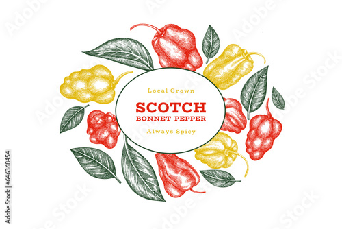 Hand drawn sketch style scotch bonnet pepper banner. Organic fresh vegetable vector illustration. Retro cayenne pepper design template