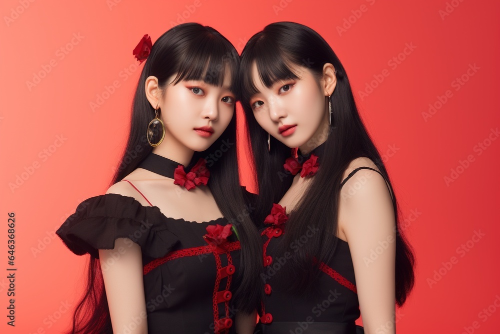 Portrait of two beautiful asian women in black dress on red background.Generative Ai Portrait of two beautiful asian women in black dress on red background.Generative Ai