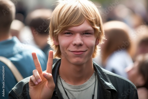shot of a young man giving the peace sign during an anti war protest outside the vatican