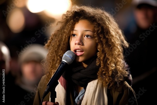shot of a young woman giving a speech during an occupy protest at city hall