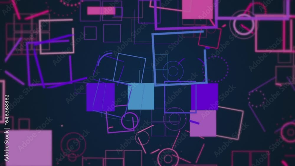 Dynamic abstract background with a pattern of various fast moving motion graphics geometric shapes - squares, circles and lines. This colorful vibrant animation is full HD and a seamless loop. Dynamic abstract background with a pattern of various fast moving motion graphics geometric shapes - squares, circles and lines. This colorful vibrant animation is full HD and a seamless loop.
