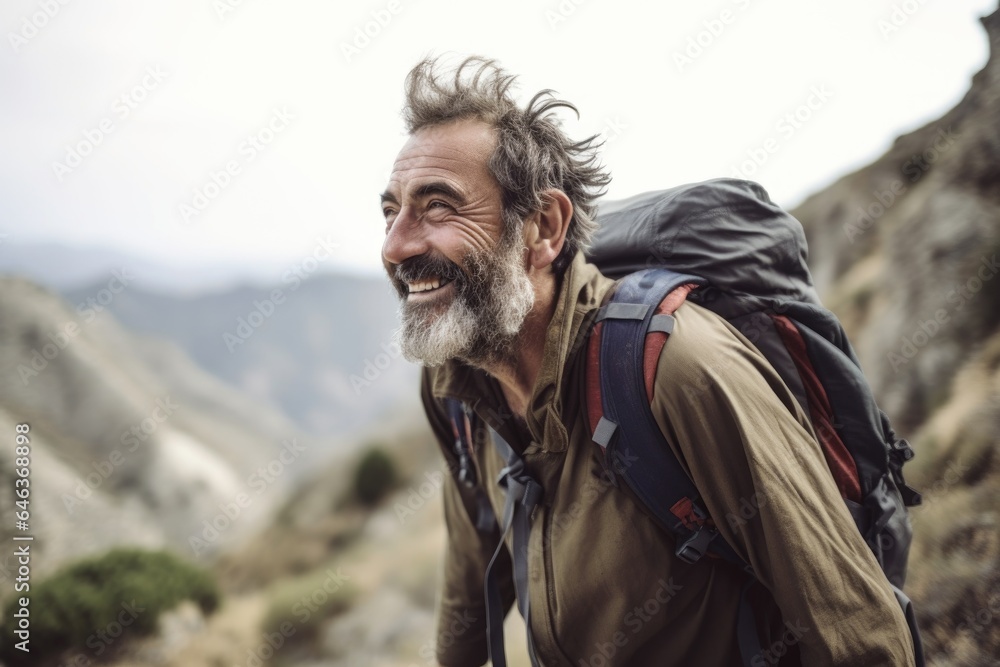 cropped shot of a happy male hiker walking along the side of a mountain