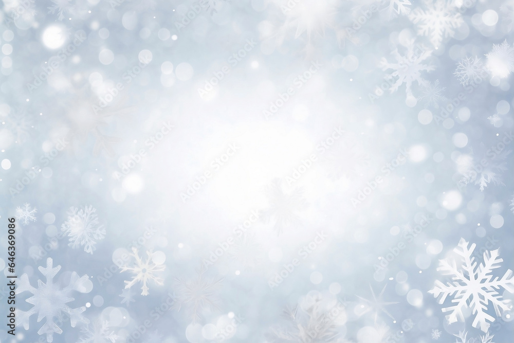 Winter light blue background with snowflakes. Abstract fairy wallpaper, beautiful pattern. Heavy snowfall effect. Art illustration. Mockup, copy space. Falling Christmas snow. Image is AI generated