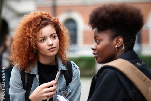 cropped shot of a two female university students having a discussion outside