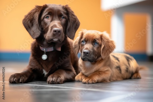 shot of an adorable dog and her puppy sitting on the floor together at a daycare