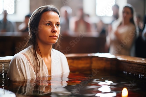 Fototapet baptism, portrait and woman in church for christian ceremony, ritual and holy wa