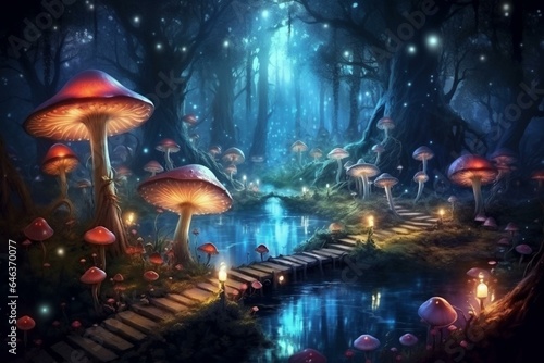 Enchanting mushrooms in enchanted woods, creating a magical world. Beautiful illustration. Generative AI