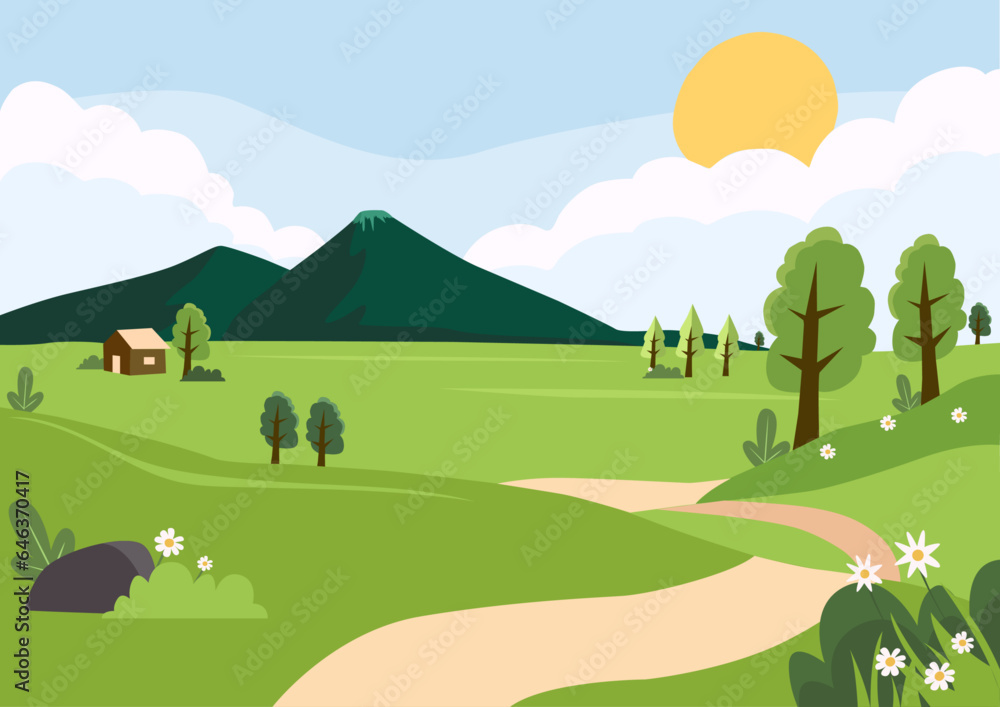 Vector illustration of Country background with green hills, blue sky, sun and house. nature landscape image, nature landscape pictures, mountain landscape images, landscape scenery images, beautiful l