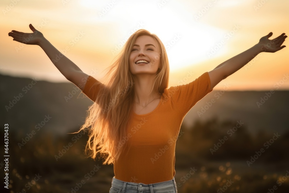 shot of an attractive young woman standing outdoors with her arms raised