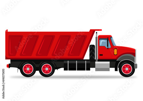 Vector illustration side view of red dump truck. tipper dump truck, tipper truck, sand tipper truck, heavy tipper trucks, double axle tipper truck. 