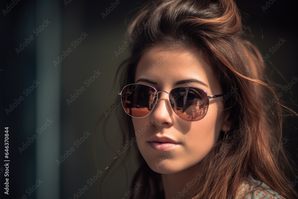 headshot of a beautiful young woman wearing trendy sunglasses headshot of a beautiful young woman wearing trendy sunglasses