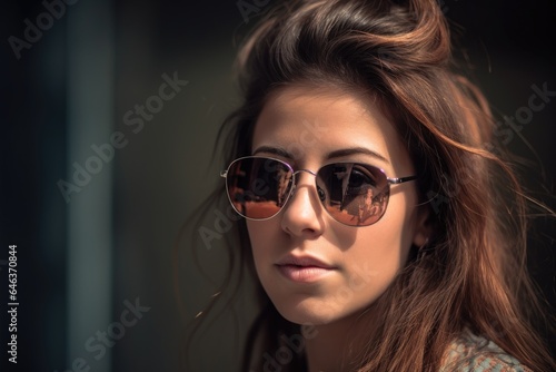 headshot of a beautiful young woman wearing trendy sunglasses © altitudevisual