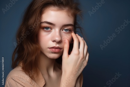 cropped shot of a young woman with her hand over her eye posing against a wall in the studio