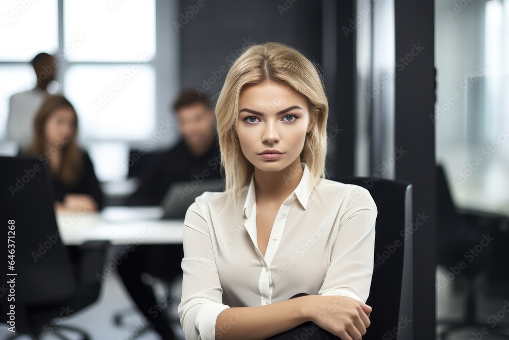 Obraz premium shot of a young woman sitting in a modern office with her colleagues in the background
