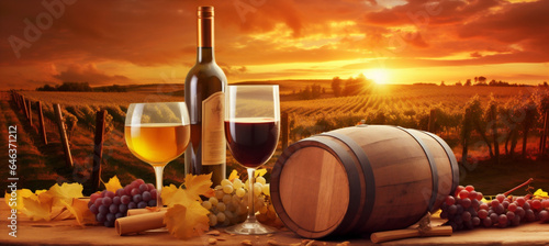 wine beverage drink sunset alcohol barrel grape glass winery bottle. Generative AI.