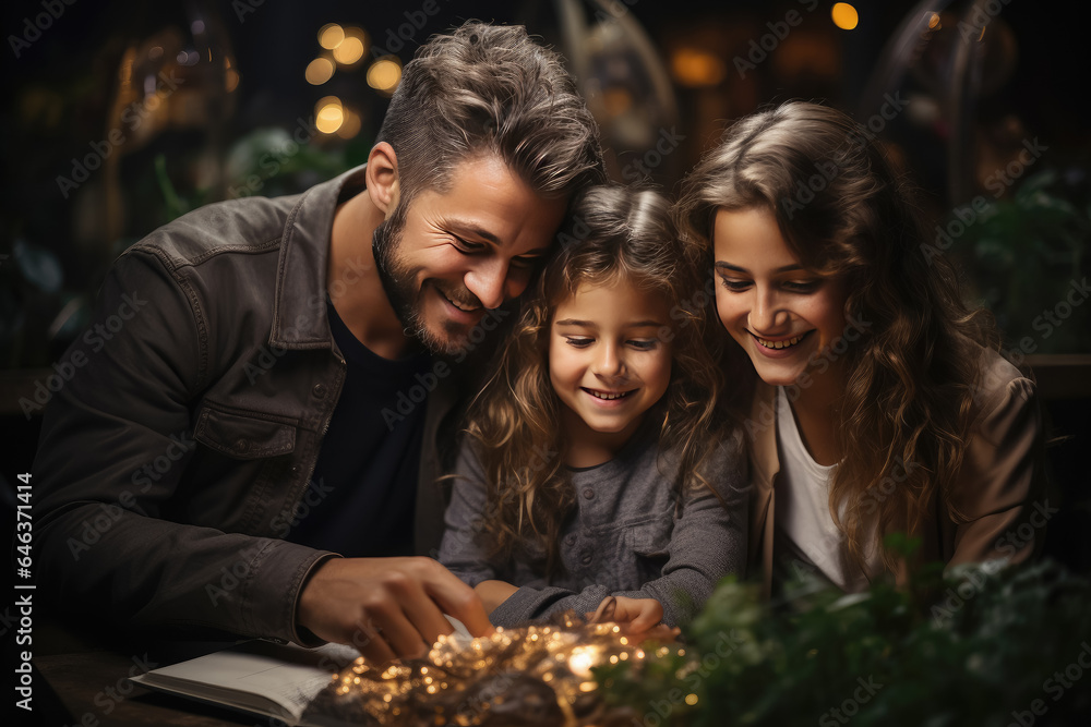 Happy family reading a book and smiling together at home , Reading a story sitting on couch at home Happy family reading a book and smiling together at home , Reading a story sitting on couch at home