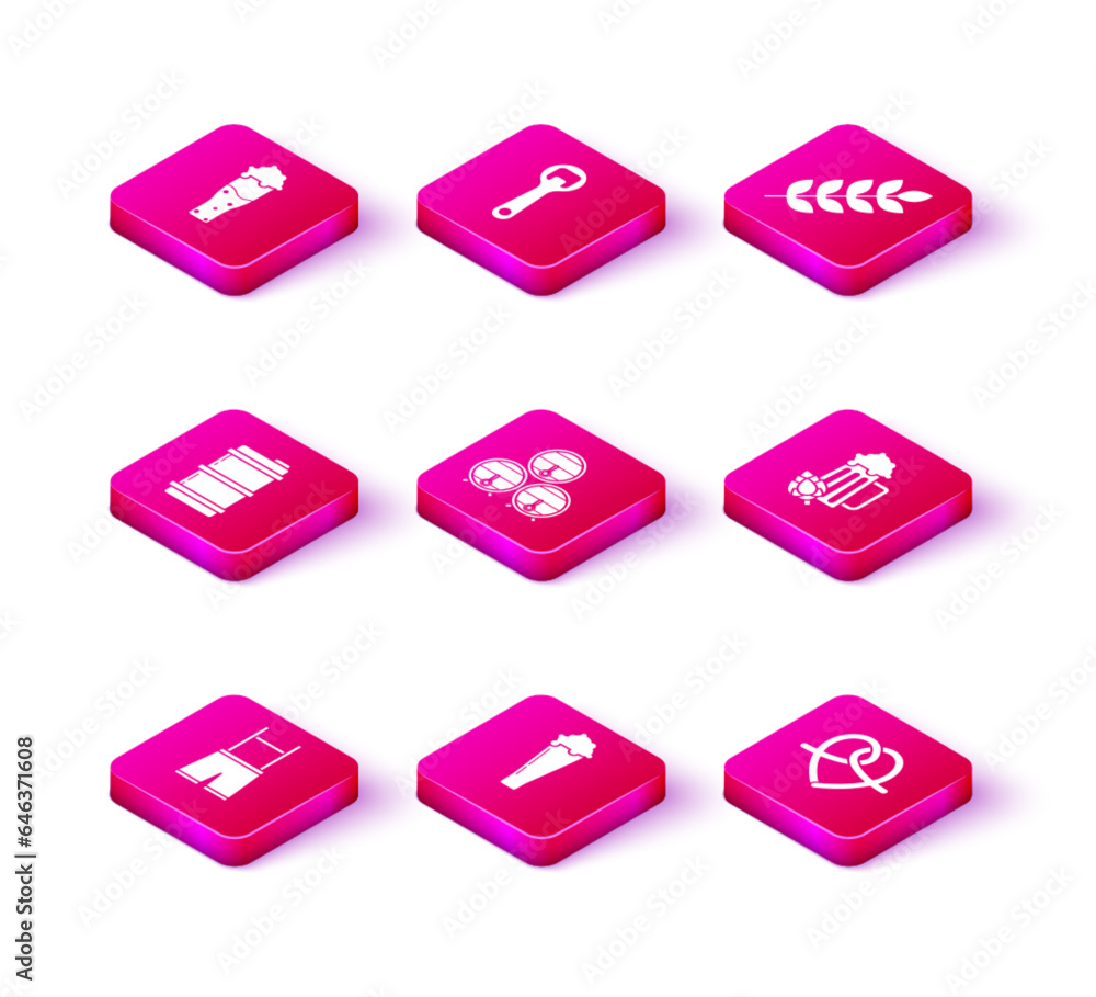 Set Lederhosen, Glass of beer, Metal keg, Wooden barrel on rack with stopcock, Pretzel, and hop, Cereals set rice, wheat, corn, oats, rye, barley and Bottle opener icon. Vector Set Lederhosen, Glass of beer, Metal keg, Wooden barrel on rack with stopcock, Pretzel, and hop, Cereals set rice, wheat, corn, oats, rye, barley and Bottle opener icon. Vector