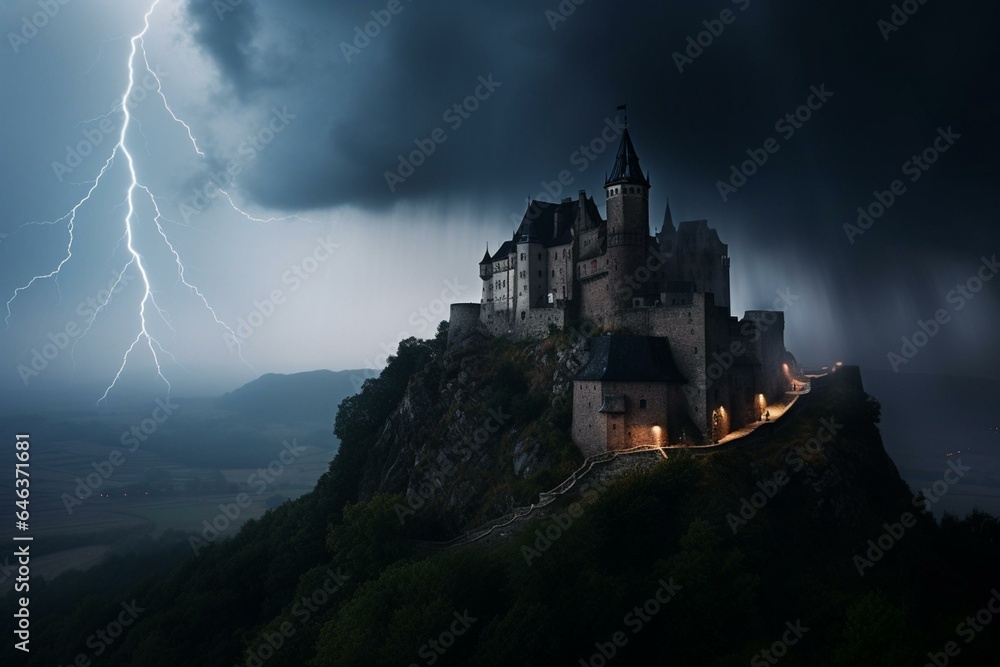 Eerie castle atop a hill, amidst lightning strikes. Generative AI
