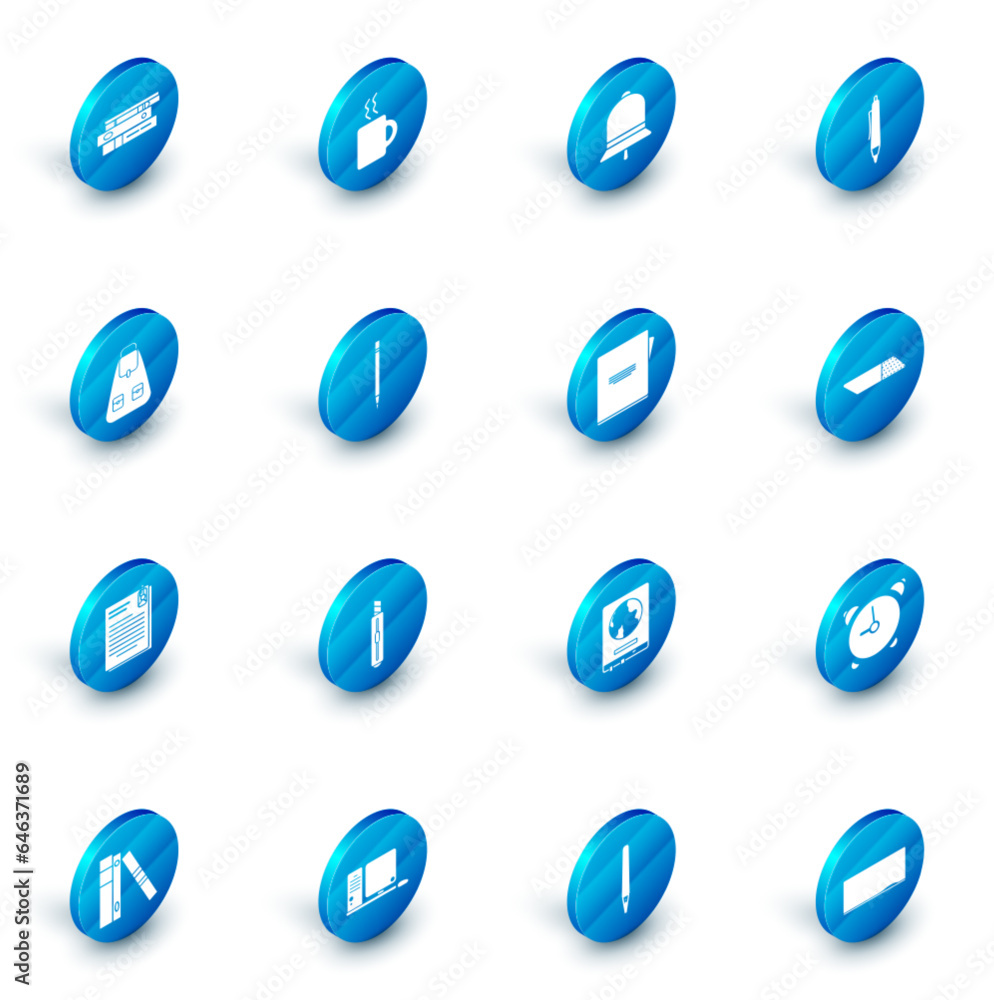 Set Coffee cup, Ringing bell, Pen, School backpack, File document and paper clip, Pencil with eraser, Eraser or rubber and Notebook icon. Vector Set Coffee cup, Ringing bell, Pen, School backpack, File document and paper clip, Pencil with eraser, Eraser or rubber and Notebook icon. Vector