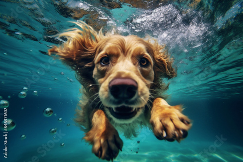 water dog underwater puppy snorkeling funny swimming vacation fun pool. Generative AI.