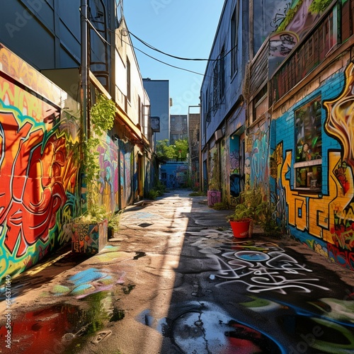 An alleyway with vibrant street art, "graffiti, colorful,   and narrow path © moh