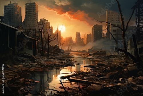 an artwork depicting a devastated urban landscape. Generative AI