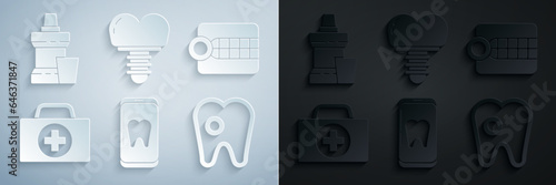 Set Online dental care, Dentures model, First aid kit, Tooth with caries, Dental implant and Mouthwash plastic bottle icon. Vector