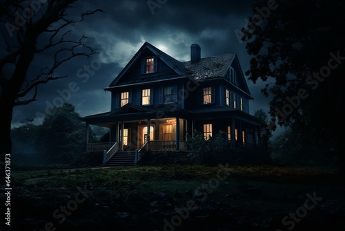 A spooky, empty house with lit windows sets a creepy mood on a dark night. Generative AI