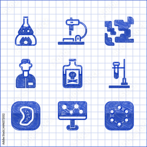 Set Poison in bottle, Chemical formula, Formula of benzene rings, Test tube flask fire, Bacteria, Laboratory assistant, Gaseous and icon. Vector