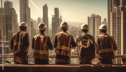 group of engineer on a construction site. Working on the roof .