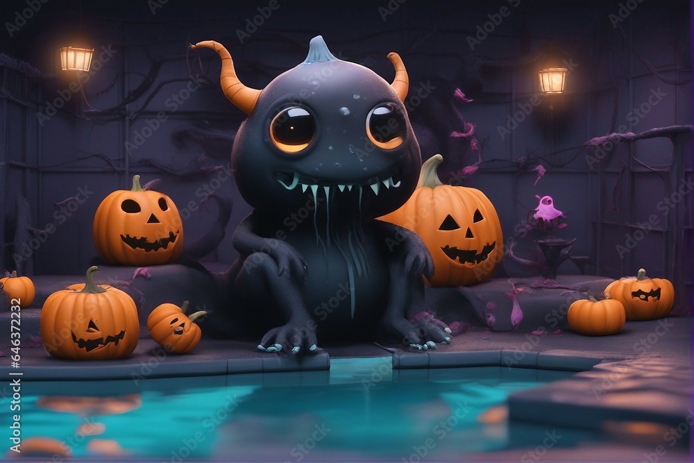 A cute Mascot Cartoon in Pool with Pumpkins around, Halloween Theme Design.
