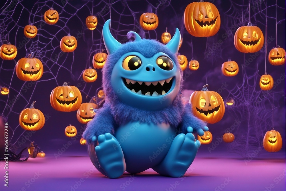 A cute Blue Mascot Cartoon Laughing with Horn and Pumpkins around, Halloween Theme Design. A cute Blue Mascot Cartoon Laughing with Horn and Pumpkins around, Halloween Theme Design.