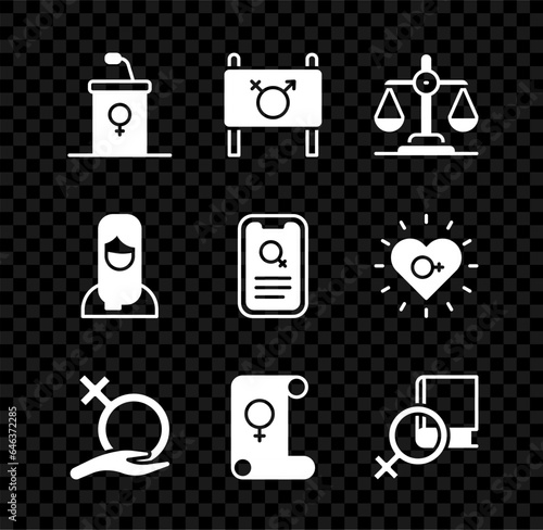 Set Debate podium rostrum, Feminist activist, Gender equality, Female gender, Feminism, Book about women, Muslim woman hijab and Dating app icon. Vector