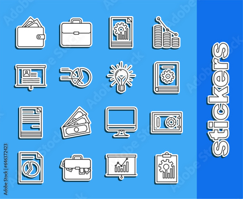 Set line Clipboard with graph chart, Safe, User manual, Document, Pie infographic, Board resume, Wallet stacks paper money cash and Light bulb rays shine and concept of idea icon. Vector