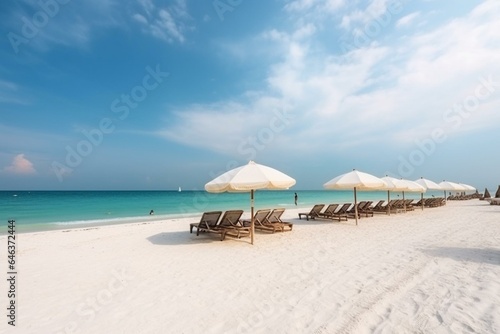 Beach with sun loungers and umbrellas on white sand coast. Generative AI © Emeric