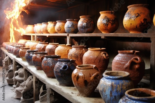 various stages of pottery firing process in a row