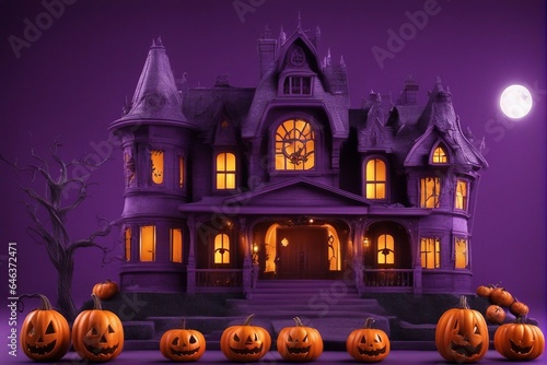 Halloween Day Theme, A horror old house in background in Jungle and a Big Pumpkin at front of house.