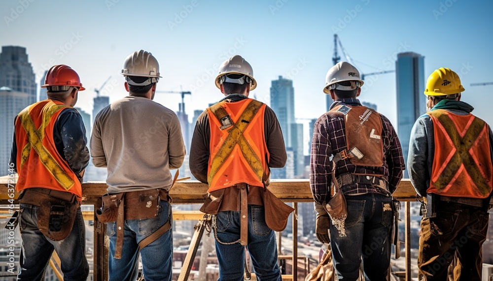 group of engineer on a construction site. Working on the roof .
