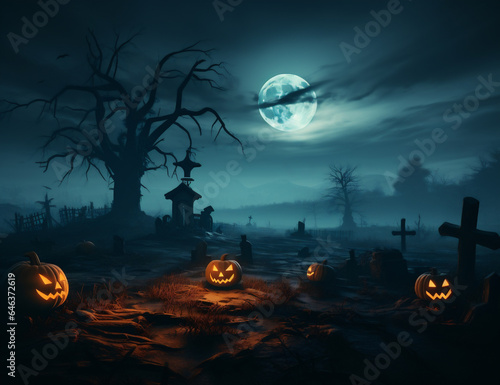 Halloween pumpkins with scary spooky background