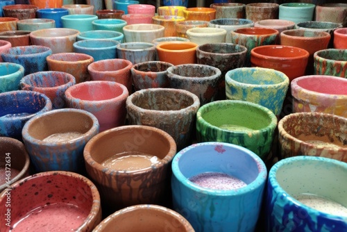 colorful glazed pottery pieces cooling after firing