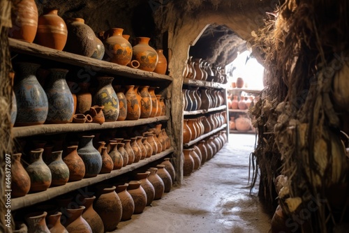 ceramic pots lined up inside a traditional kiln