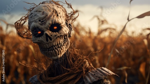 Evil scarecrow zombie in middle of a farm corn field with rotting sun bleached flesh  every farmers worst nightmare when sunset turns to darkness and terrifying horror stalks the night - generative AI